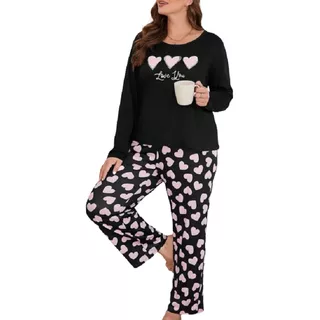 Conjunto Pijama Negra Rosa Corazones Talla Extra 3xl 4xl 5xl