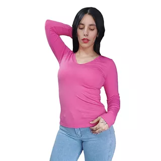 3 Remera Basica Manga Larga Mujer X 3 De Modal C Lycra 