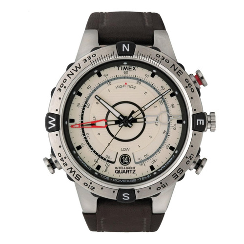 Reloj de pulsera Timex Intelligent Quartz T2N721 de cuerpo color plata, analógico, para hombre, fondo beige, con correa de cuero color marrón, agujas color negro, blanco, rojo y gris, dial negro, minutero/segundero negro, bisel color plata