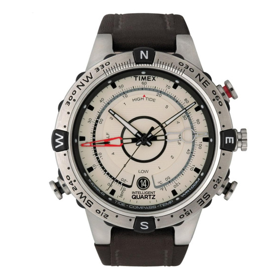 Reloj de pulsera Timex Intelligent Quartz T2N721 de cuerpo color plata, analógico, para hombre, fondo beige, con correa de cuero color marrón, agujas color negro, blanco, rojo y gris, dial negro, minu