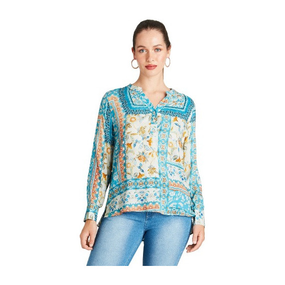 Blusa Curvi Manga Larga Turquesa Mujer