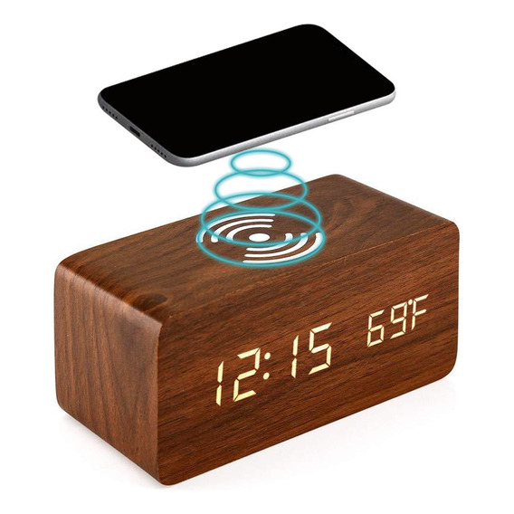 Reloj Despertador Velador Y Cargador De Madera Con Wireless