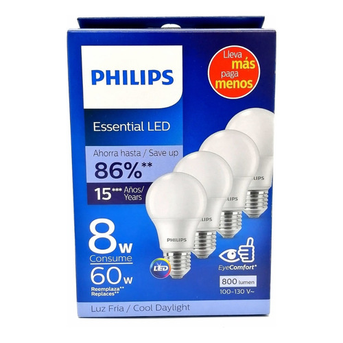 Phillips LEDBulb Paquete 4pz Foco 8w (60w) Luz Fría 6500k Color de la luz Blanco frío
