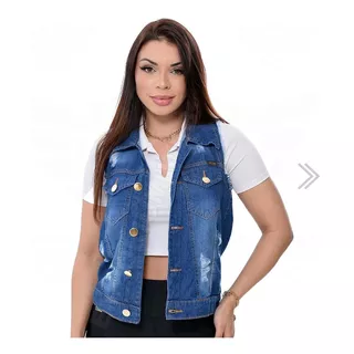 Colete Jeans Feminino Destroyed Com Barra - Azul Escuro