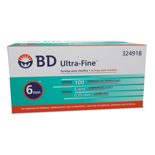 Jeringa De Insulina Bd Ultra-fine 100 Ui 6mm - 100 Unidades Capacidad En Volumen 1 Ml