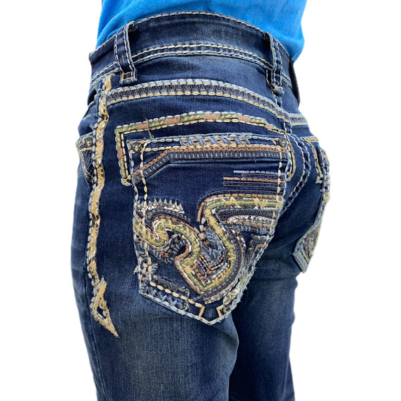 Pantalones Corte Recto Para Bota Bordados Western Blue 