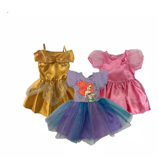 Kit 3 Vestidos Disney Princesas Bella, Sirenita, Ariel 