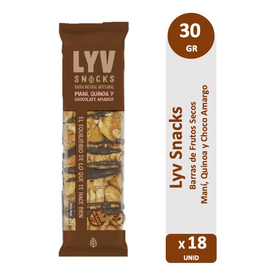 Barra Artesanal Lyv - Mani, Quinoa Y Chocolate Amargo X18 Un