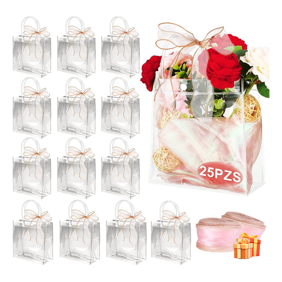 25 Bolsa Regalo Con Asa Transparentes Boda Fiesta+liston 18m