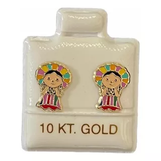 Arete Broquel Muñeca Tradicional Mexicana Lele Oro 10 Kt 