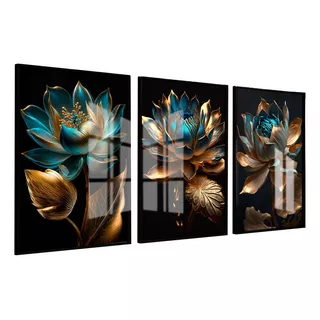Quadros Decorativos Flor De Lotus Azul Dourada Renascimento