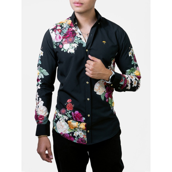 Camisa Hombre Casual Slim Negra Flores Colores Alexis Roman