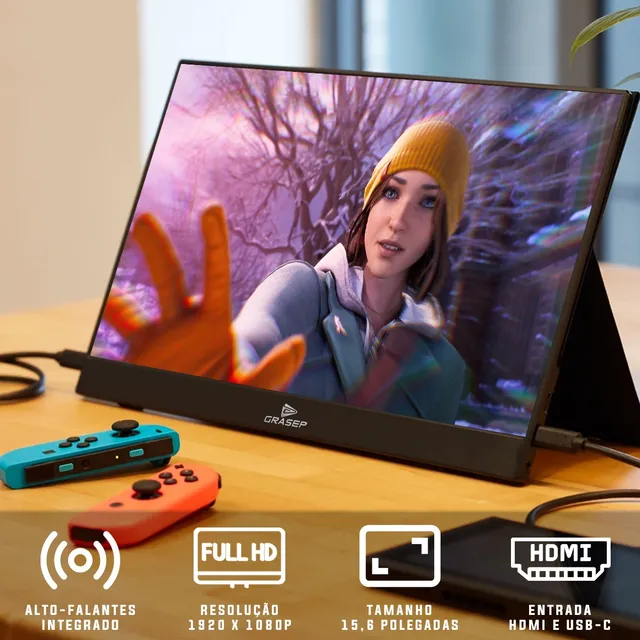 Monitor Gamer Portátil Full Sllin Viagens Trabalho Tipe-c Hdmi Cor Preto MARCA TOMATE MTM-1506