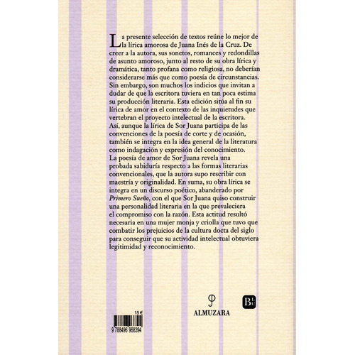 Veintiún Sonetos De Amor Y Otros Poemas, De De La Cruz, Juana Ines. Serie Biblioteca De Literatura Universal Minor Editorial Almuzara, Tapa Blanda En Español, 2022