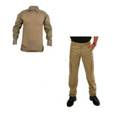 Farda Tática Combat Shirt Caqui Tan + Calça Airsoft A1075