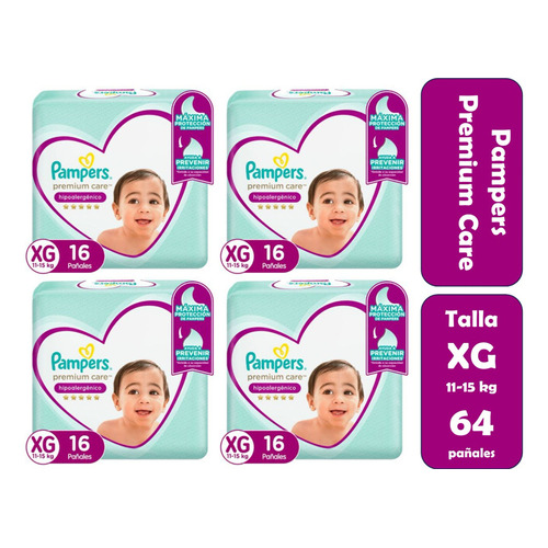 4pack Pañales Pampers Premium Care Tallas M G Xg Xxg Tamaño XG - 4pack (64 pañales)