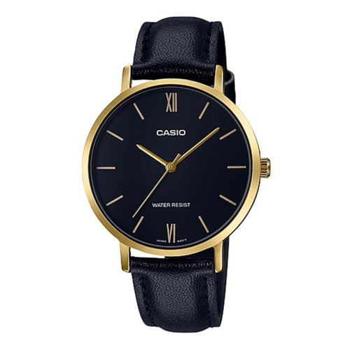 Reloj de pulsera Casio Dress LTP-VT01 de cuerpo color dorado, analógico, para mujer, fondo negro, con correa de cuero color negro, agujas color dorado, dial dorado, bisel color dorado y hebilla simple