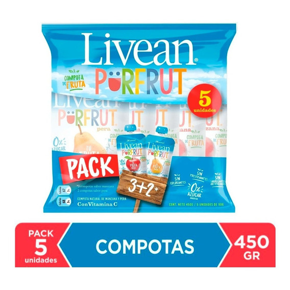 Pack 5 Pures Compotas Livean 90g (3 Manzana + 2 Pera)