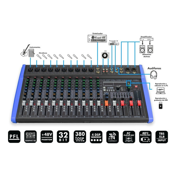 Mezcladora Profesional 12 Canales Bluetooth Eqz Steelpro