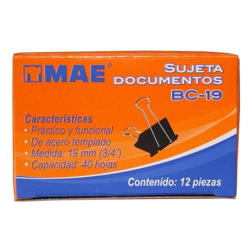 36 Sujeta Documentos Chico 19mm Mae P/40 Hojas Clip Pinza Color Negro