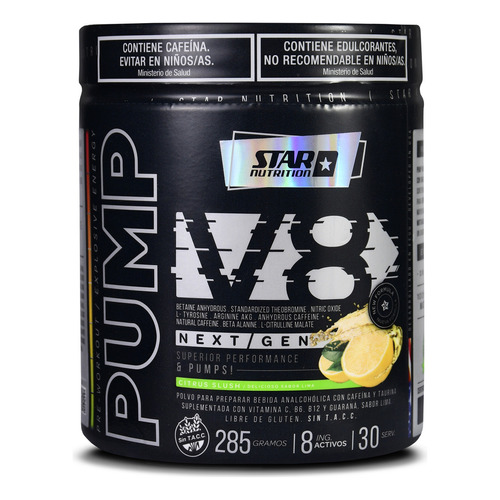 Pump V8 Pre Workout Star Nutrition 285 Gr Cafeína Taurina Sabor Citrus slush