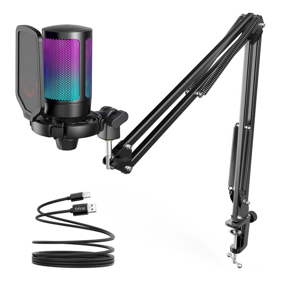 Kit De Micrófono Fifine, Con Soporte De Brazo, Usb, Rgb Color Negro