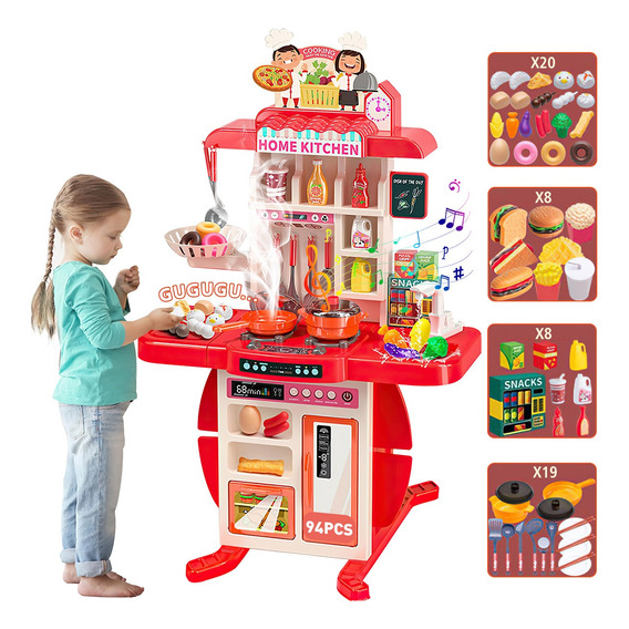 Cocina Juguete Niños Con Luz, Sonido,vapor Spray Rosa 95 Set