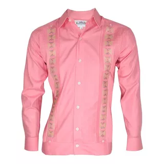 Guayabera Manga Larga Modelo Kal12 Bordada Rosa/oro