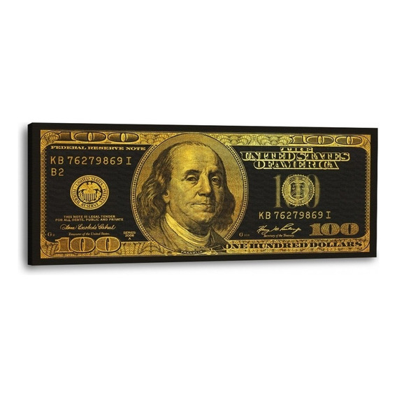 Cuadro Canvas Metalizado Dorado Billete 100 Dollar Bill Gold Color Dorado con Negro Armazón Bastidor