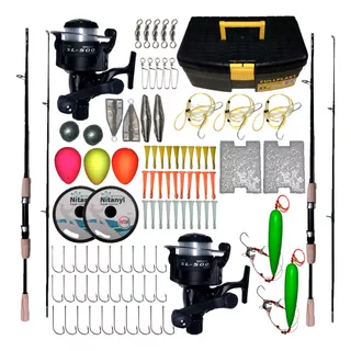 2 Kit Combo Equipo Completo Pesca Caña Maciza Reel Caja Acce