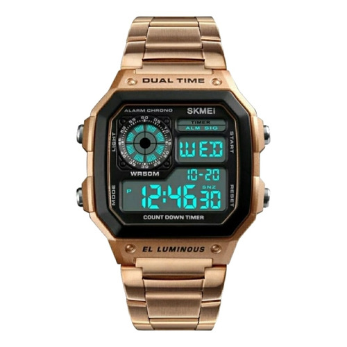 Reloj pulsera digital Skmei 1335 con correa de acero inoxidable color oro rosa - fondo negro