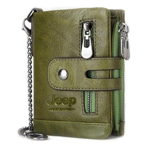 Monedero para hombre Jeep Kavis, de piel, RFID, monedero, color verde, diseño de tela lisa