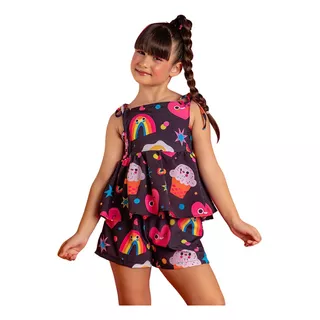 Conjunto Infantil Verão Peplum Preto Estampado P05 Gift