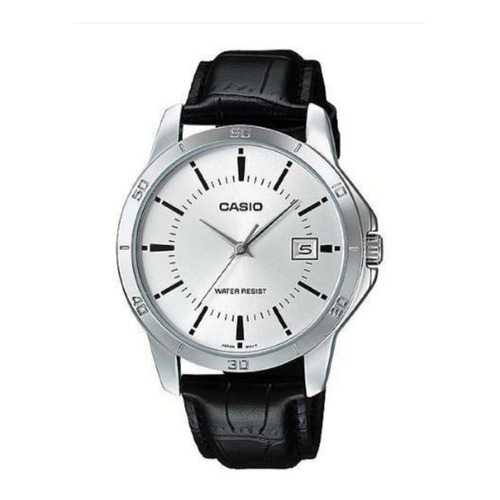 Reloj pulsera Casio MTP-V004 con correa de cuero color negro - fondo blanco - bisel plata