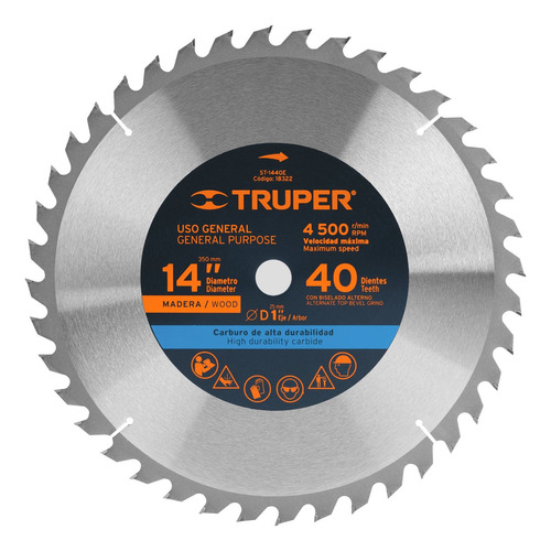 Disco Sierra P/madera 14' 40 Dientes Centro 1' Truper 18322 Color Gris Frecuencia 0 Hz