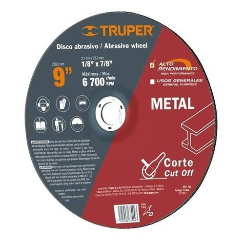 Disco T.27 Corte Metal 9' Uso Gral. Truper 11554