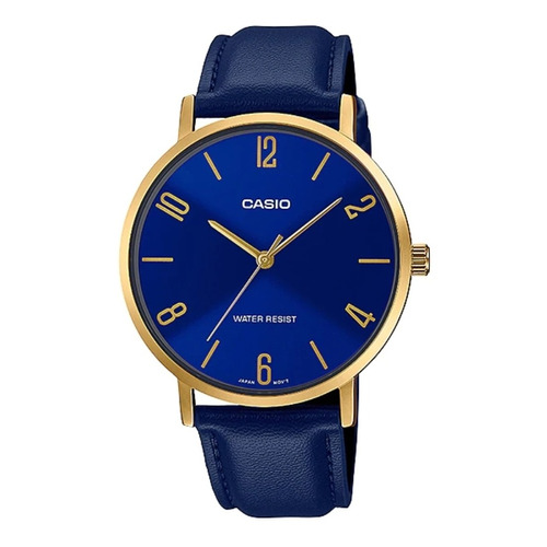 Reloj Casio Mtp-vt01gl-2b2udf Hombre 100% Original Correa Azul Bisel Dorado Fondo Azul
