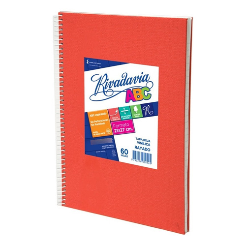 Cuaderno Abc Espiraldo Forrado 21x27 60h Rayado Rivadavia Color Rojo