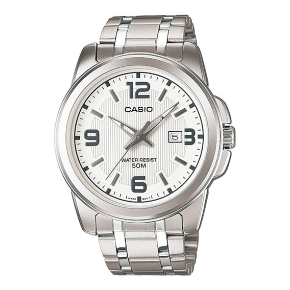 Reloj pulsera Casio Enticer MTP-1314 de cuerpo color plateado, analógico, para hombre, fondo blanco, con correa de acero inoxidable color plateado, agujas color gris y blanco, dial negro y gris, minut