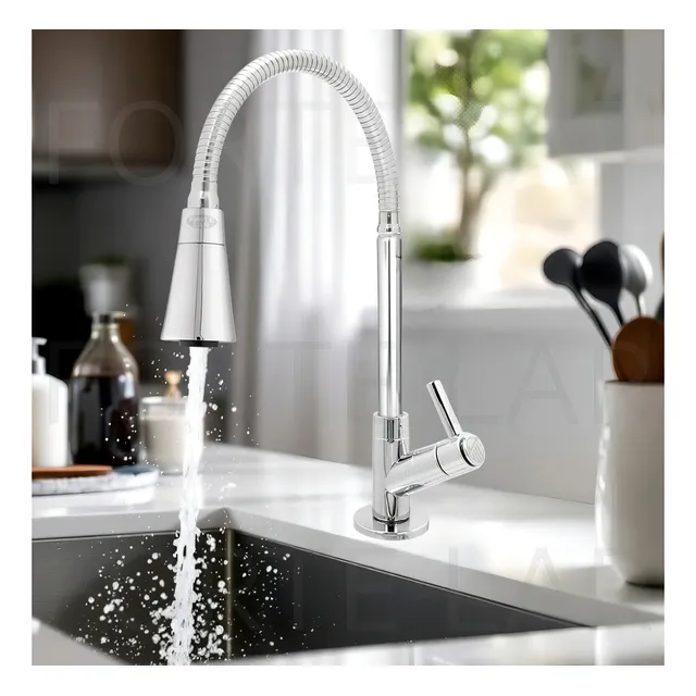 Torneira Cozinha Gourmet Pia Bancada Tubo Flexível Cone 2 Jatos Chuveirinho Arejador Cromado Acabamento Brilhante Cor Prateado