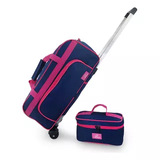 Kit Bolsa Mala Bagagem Bordo Média Viagem Rodinha Frasqueira Cor Azul Escuro/ Pink Azul Escuro Com Rosa