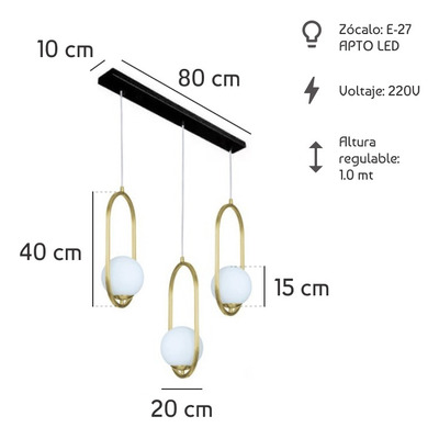 Colgante 3 Luces Marsella Oval Dorado Globo Opal Apto E27