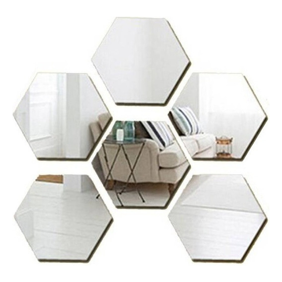 Pack X6 Vinilo Espejo Pared Adhesivo Hexagonal Decorativo