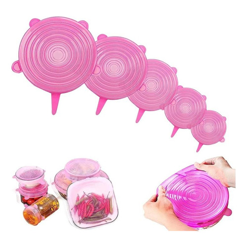 6 Tapa Silicon Flexible Ajustable Antiderrame Reusable Color Rosa