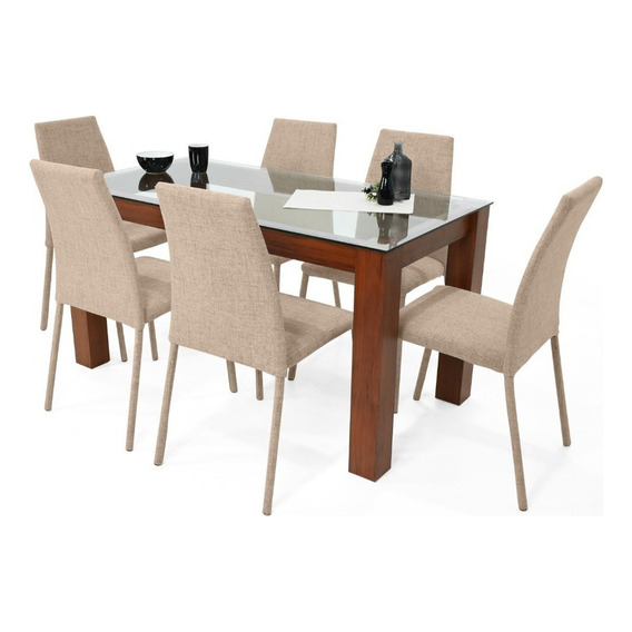 Comedor Turín Cedro 6 Puestos Sillas Venecia En Tela Color Beige Diseño De La Tela De Las Sillas Poliéster