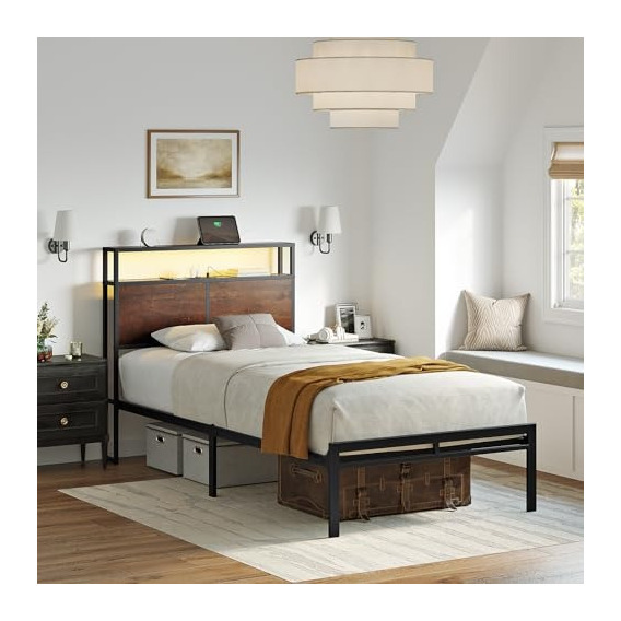 Fabato base cama Individual cabecera luces led y usb recamara Twin color marrón básico