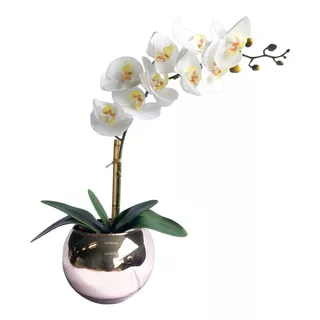 Arranjo De Orquídea Artificial Branca 3d No Vaso Prateado