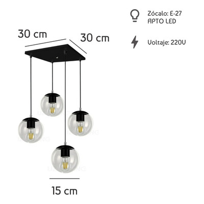 Colgante 4 Luces Globo 15cm Negro Base 30x30cm Apto Led E-27