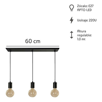 Colgante 3 Luces Bell Capuchon Negro Vintage Apto Led E-27