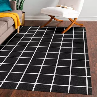 Tapete Jacquard Geométrico 2,00 M X 2,50 M Antiderrapante Desenho Do Tecido Grid Preto